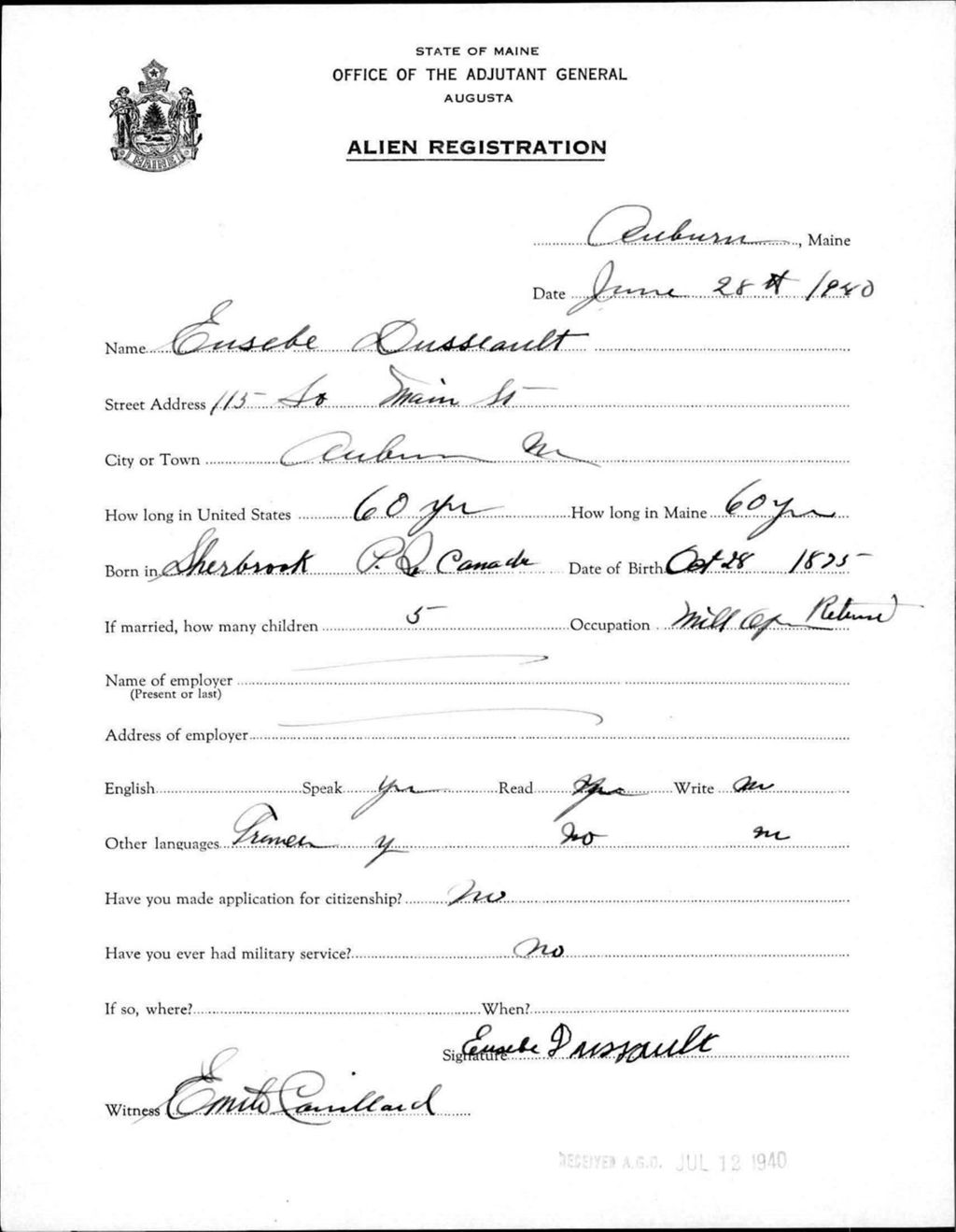Alien Registration- Dusseault, Eusebe (Auburn, Androscoggin County)
