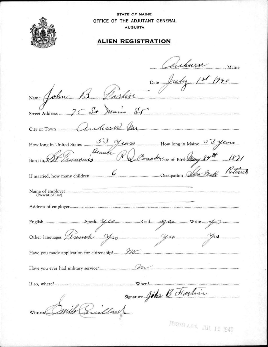 Alien Registration- Fortin, John B. (Auburn, Androscoggin County)