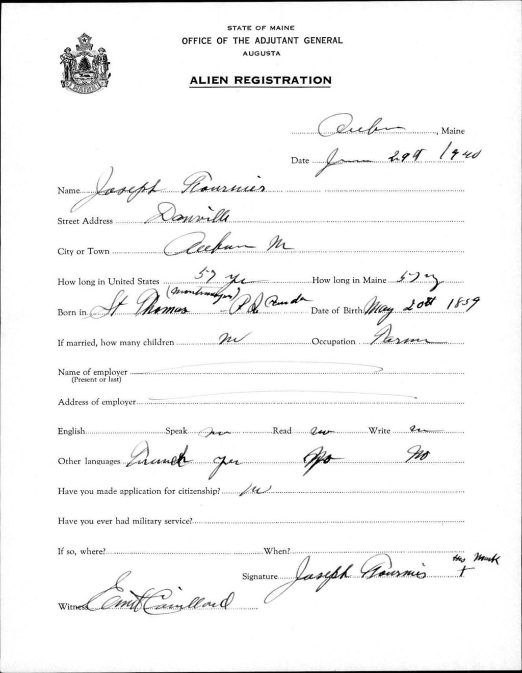 Alien Registration- Fournier, Joseph (Auburn, Androscoggin County)