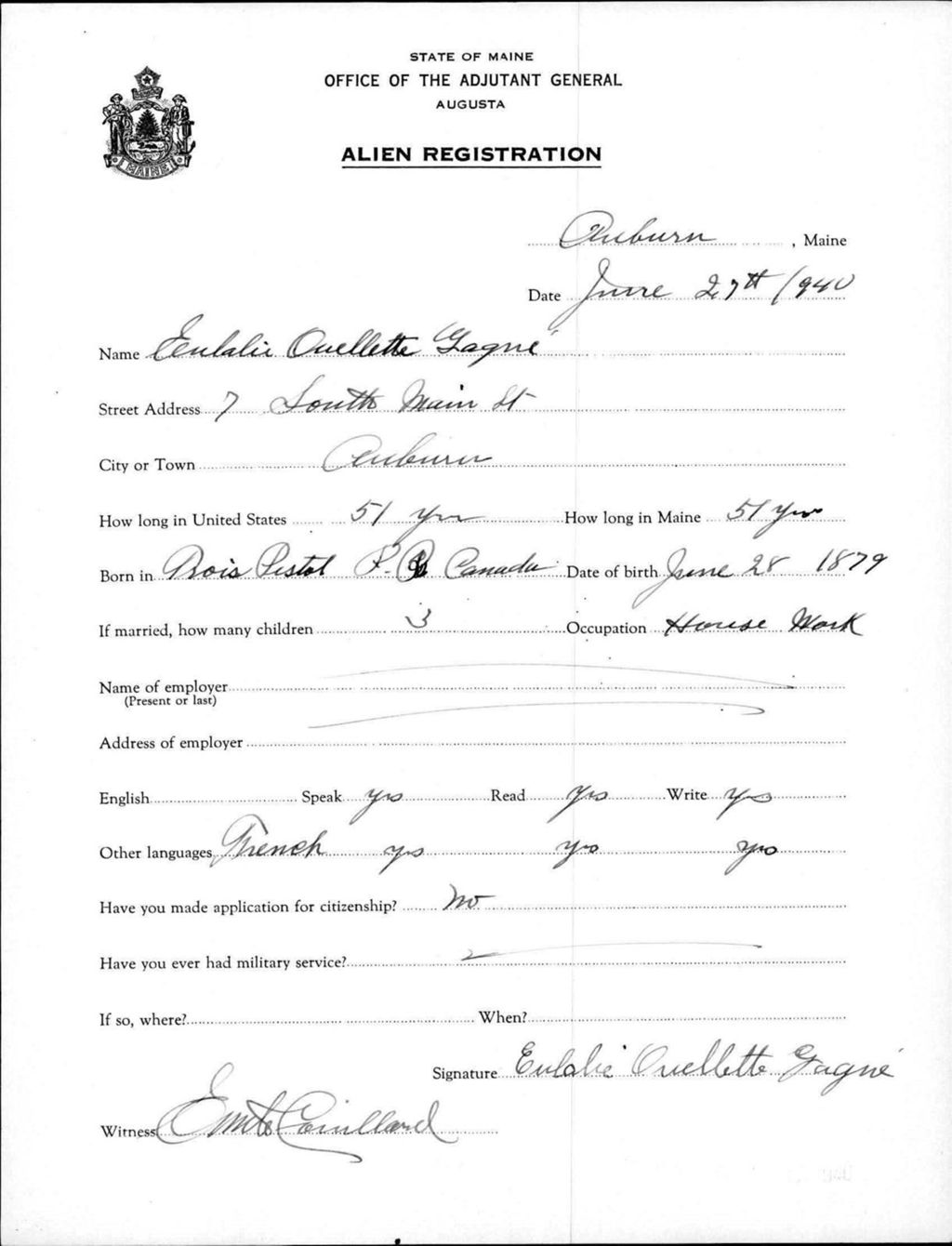 Alien Registration- Ouellette, Eulalie (Auburn, Androscoggin County)