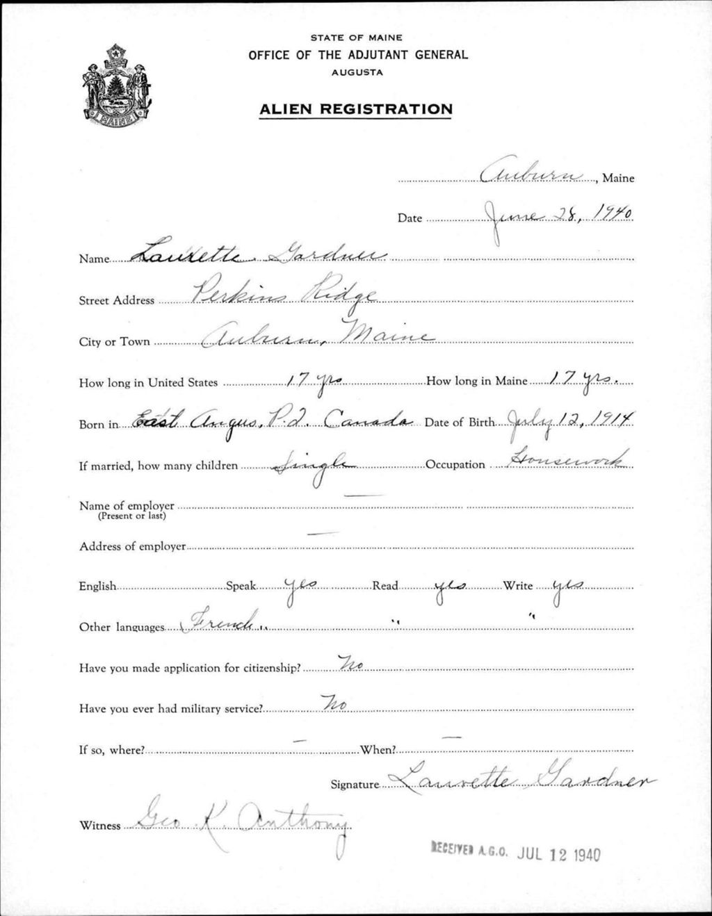 Alien Registration- Gardner, Laurette (Auburn, Androscoggin County)