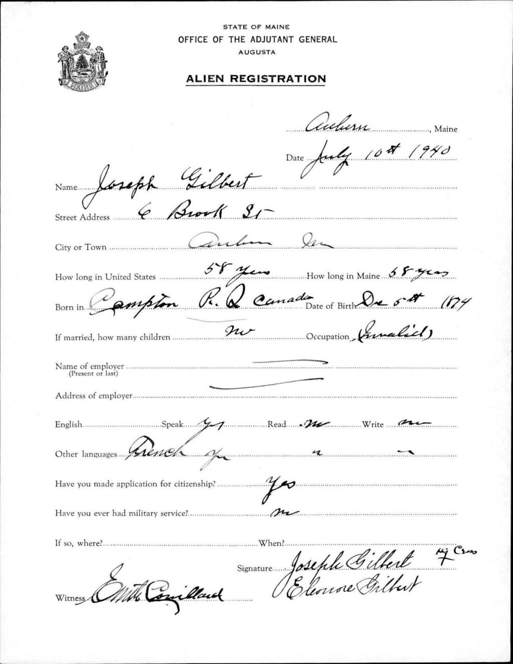 Alien Registration- Gilbert, Joseph (Auburn, Androscoggin County)
