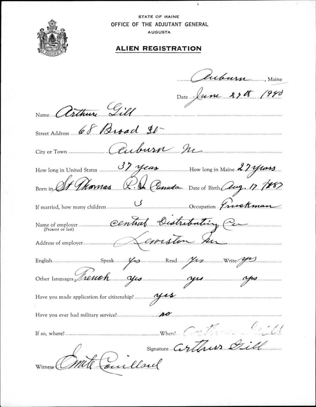 Alien Registration- Gill, Arthur (Auburn, Androscoggin County)