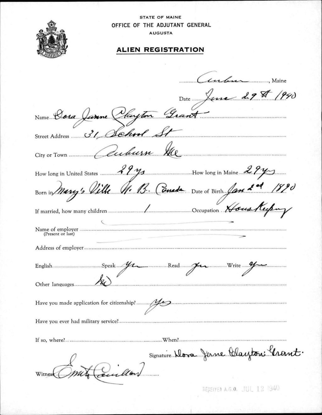 Alien Registration- Clayton, Dora J. (Auburn, Androscoggin County)