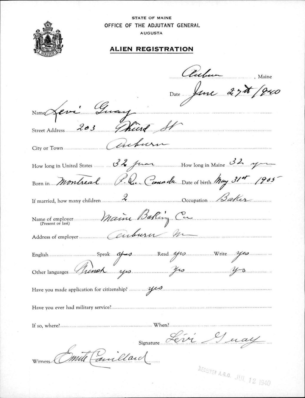 Alien Registration- Guay, Levi (Auburn, Androscoggin County)