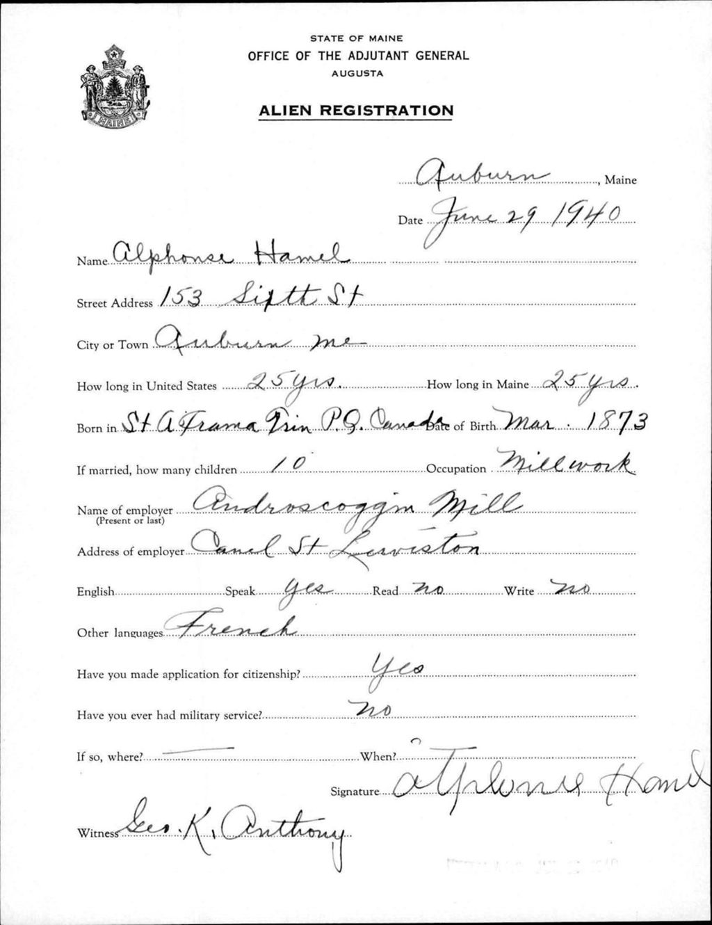 Alien Registration- Hamel, Alphonse (Auburn, Androscoggin County)