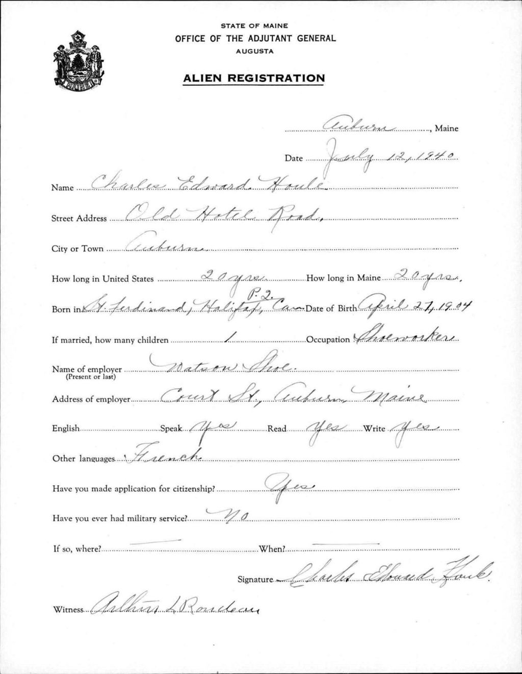 Alien Registration- Houle, Charles E. (Auburn, Androscoggin County)