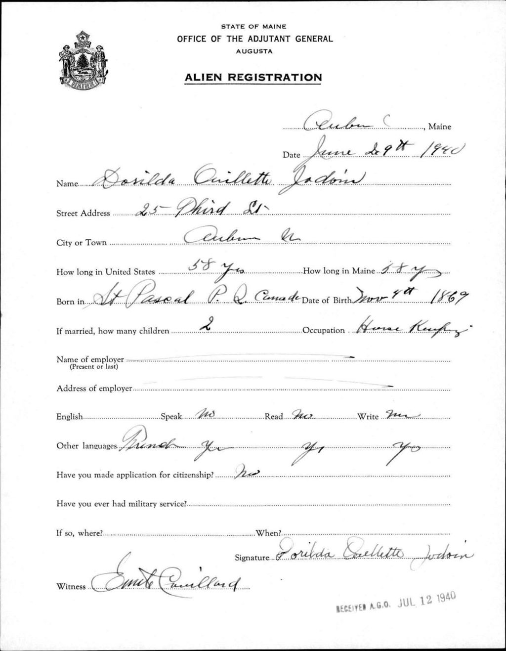 Alien Registration- Ouellette, Dorilda (Auburn, Androscoggin County)