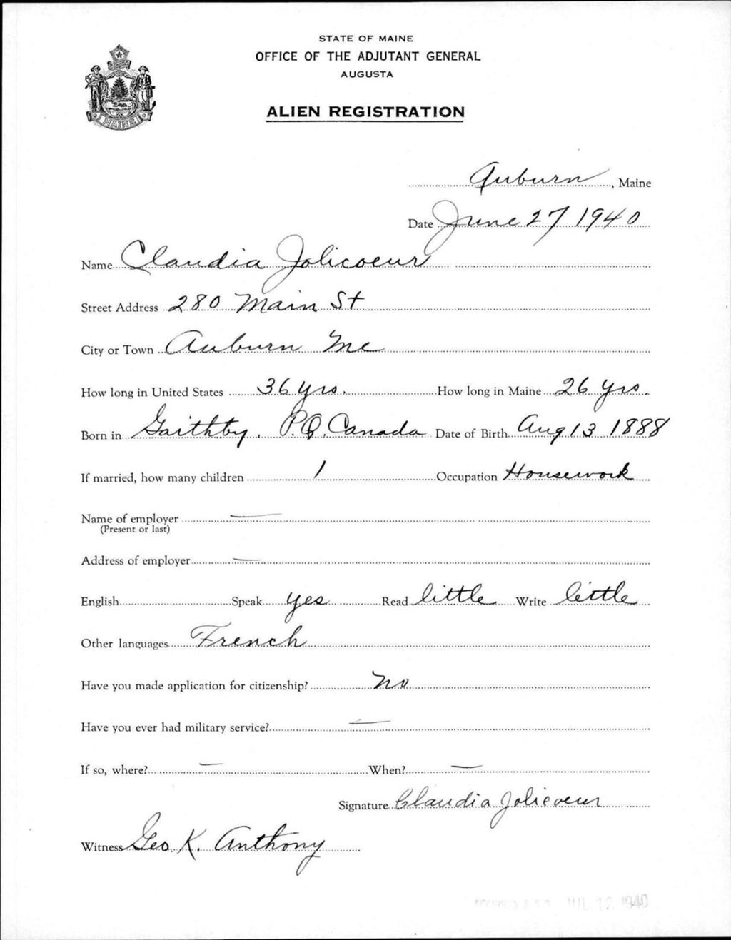 Alien Registration- Jolicoeur, Claudia (Auburn, Androscoggin County)