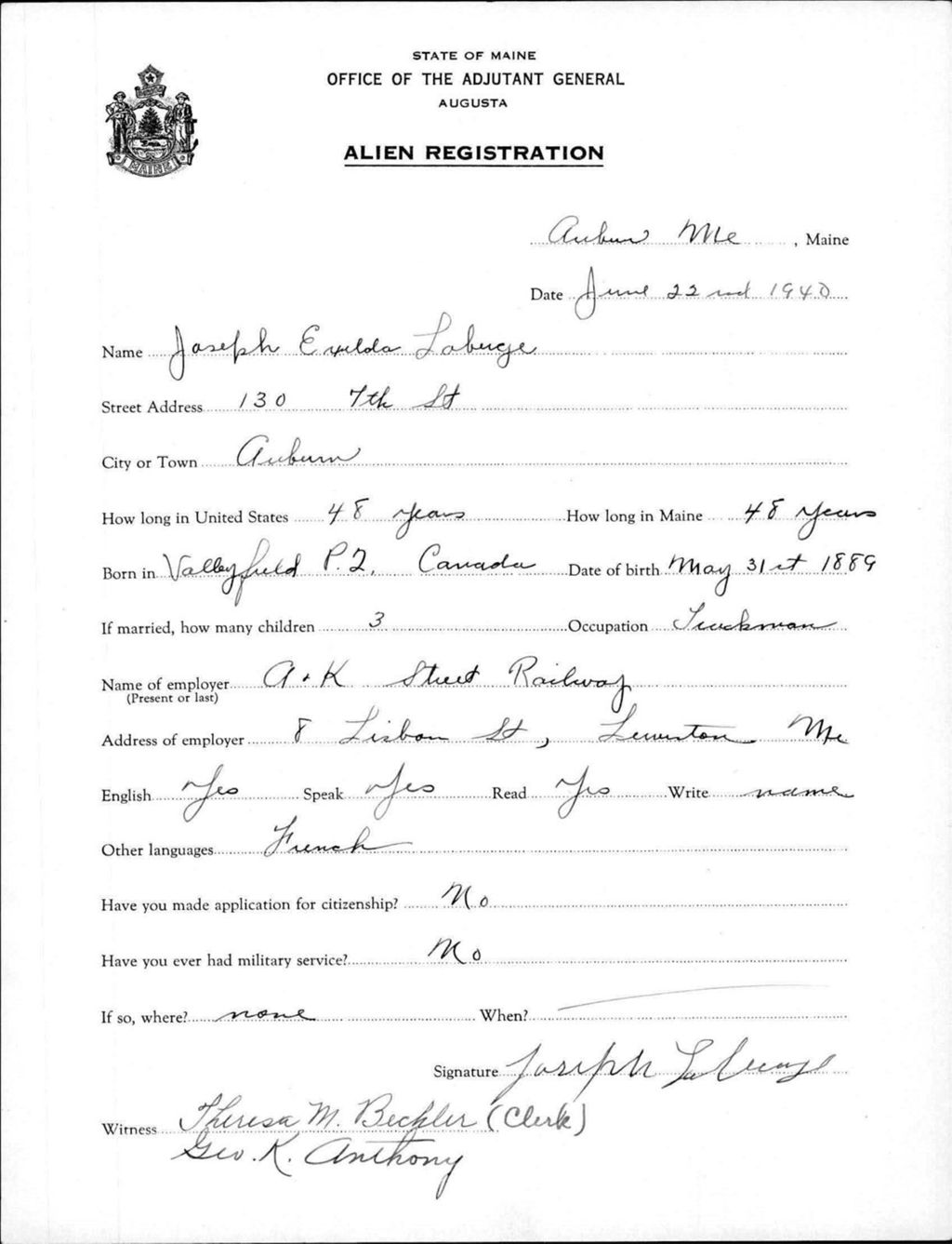 Alien Registration- Laberge, Joseph E. (Auburn, Androscoggin County)