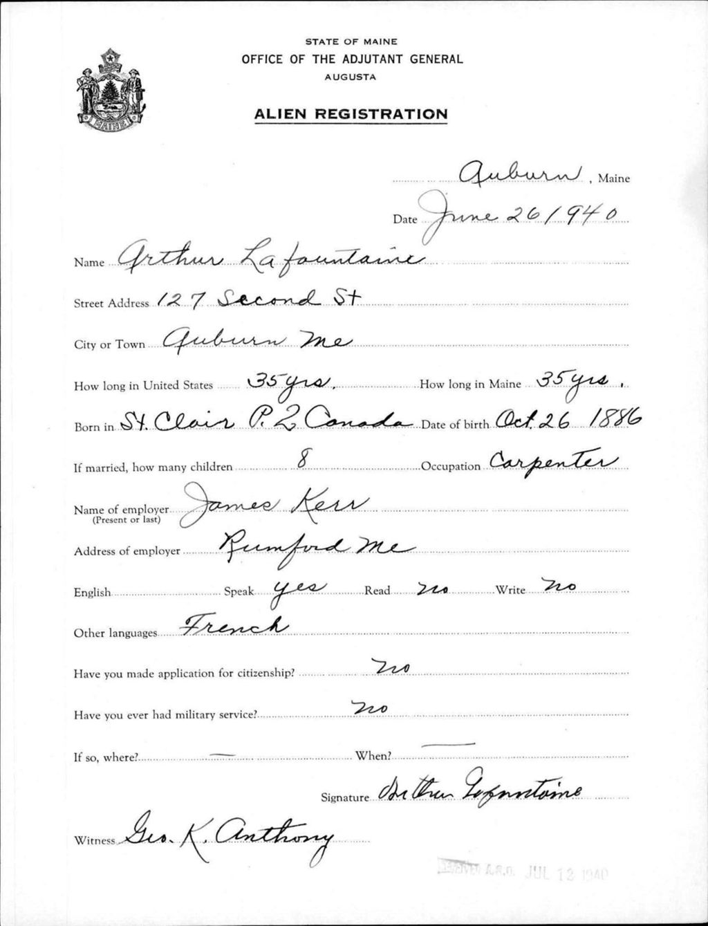 Alien Registration- Lafontaine, Arthur (Auburn, Androscoggin County)