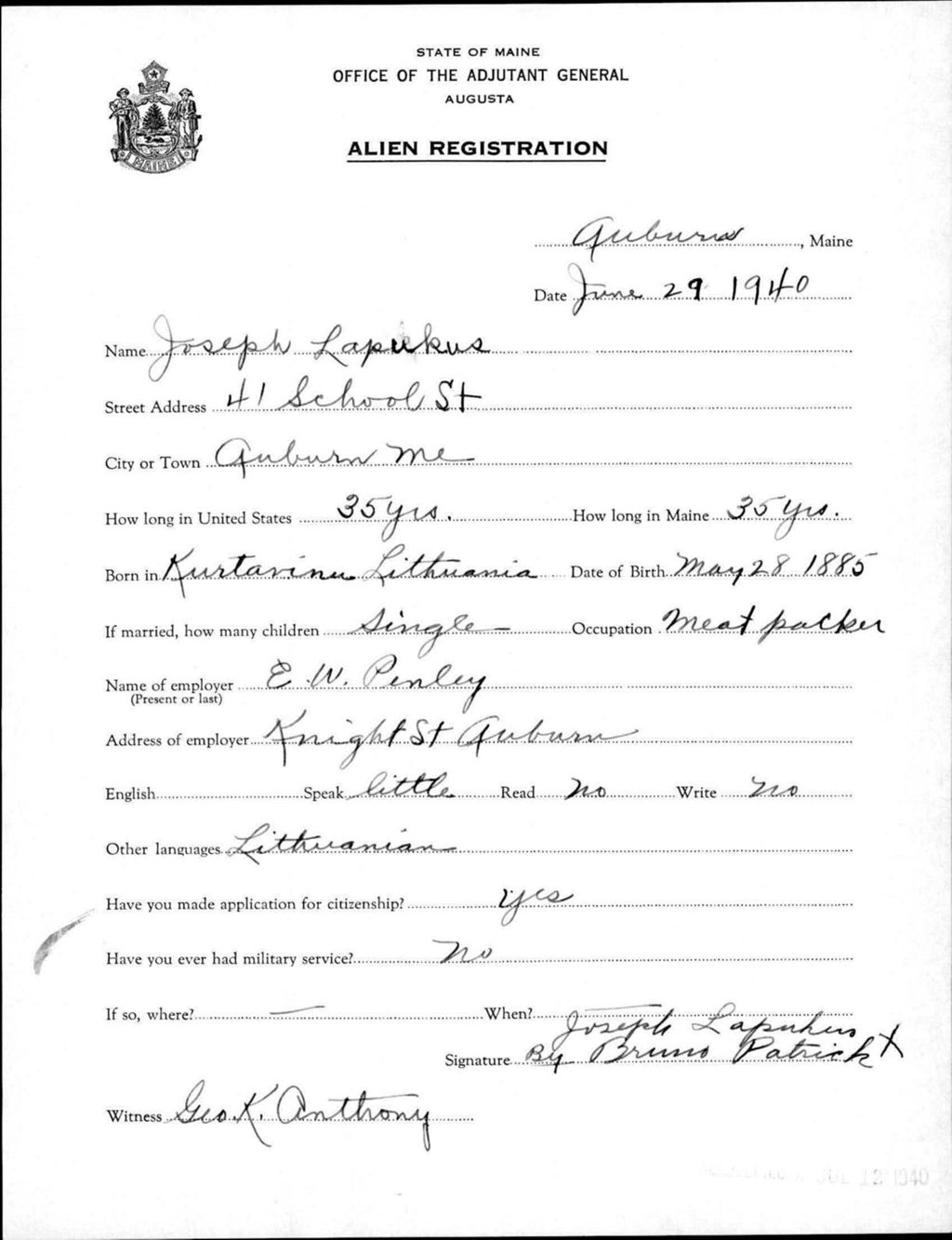 Alien Registration- Lapukus, Joseph (Auburn, Androscoggin County)