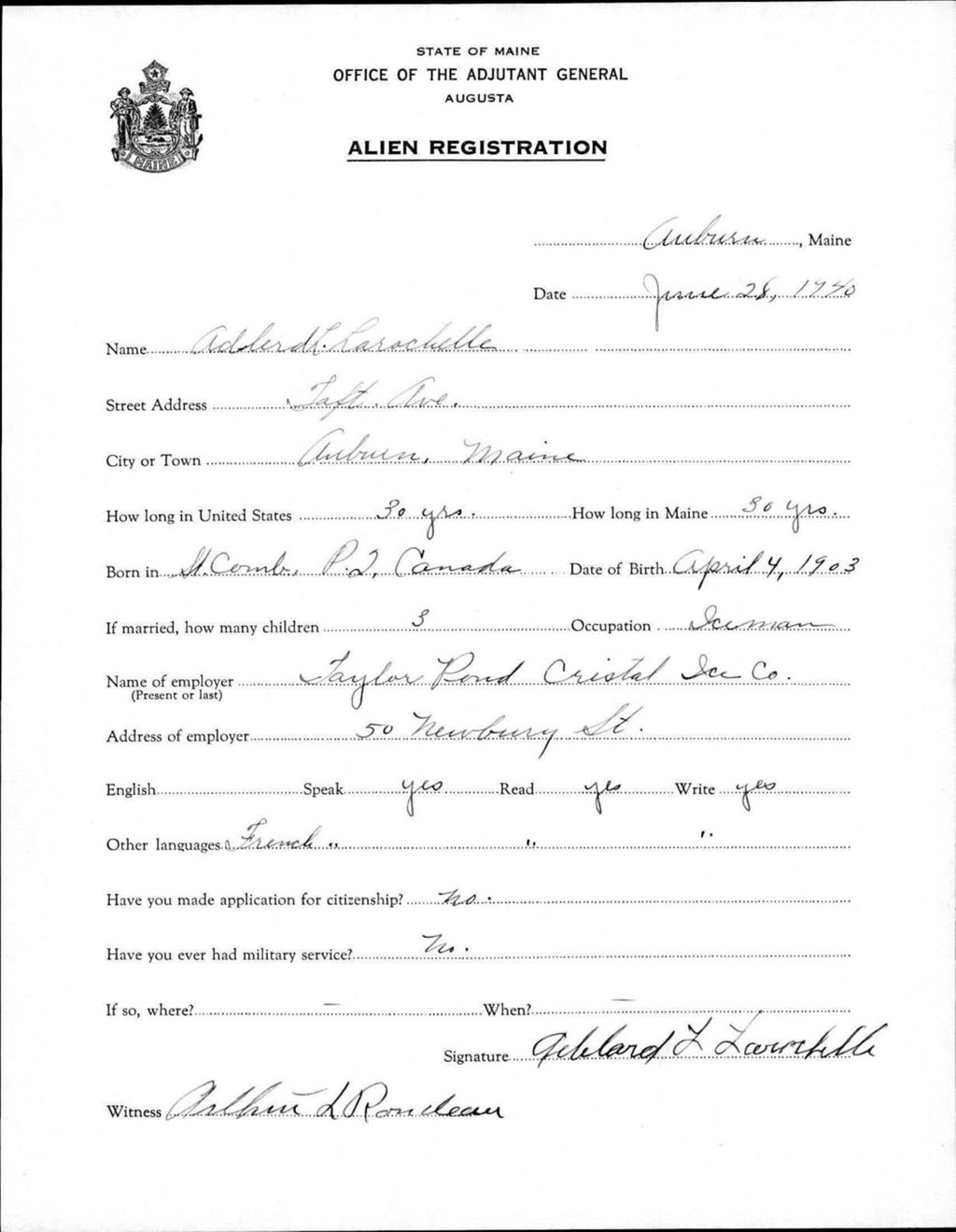 Alien Registration- Larachelle, Adlard L. (Auburn, Androscoggin County)