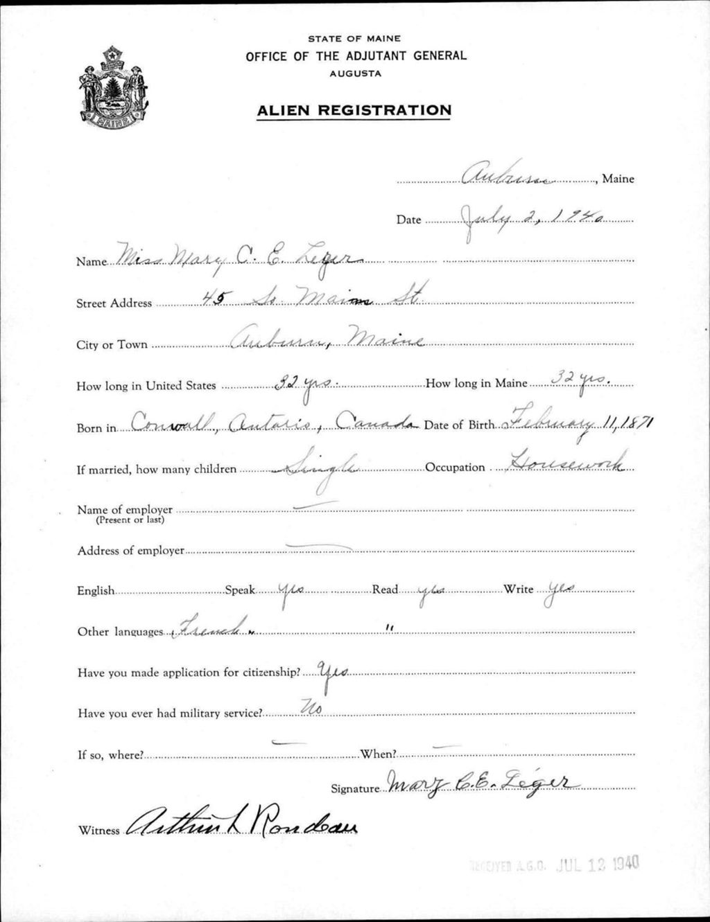 Alien Registration- Leger, Mary C E. (Auburn, Androscoggin County)