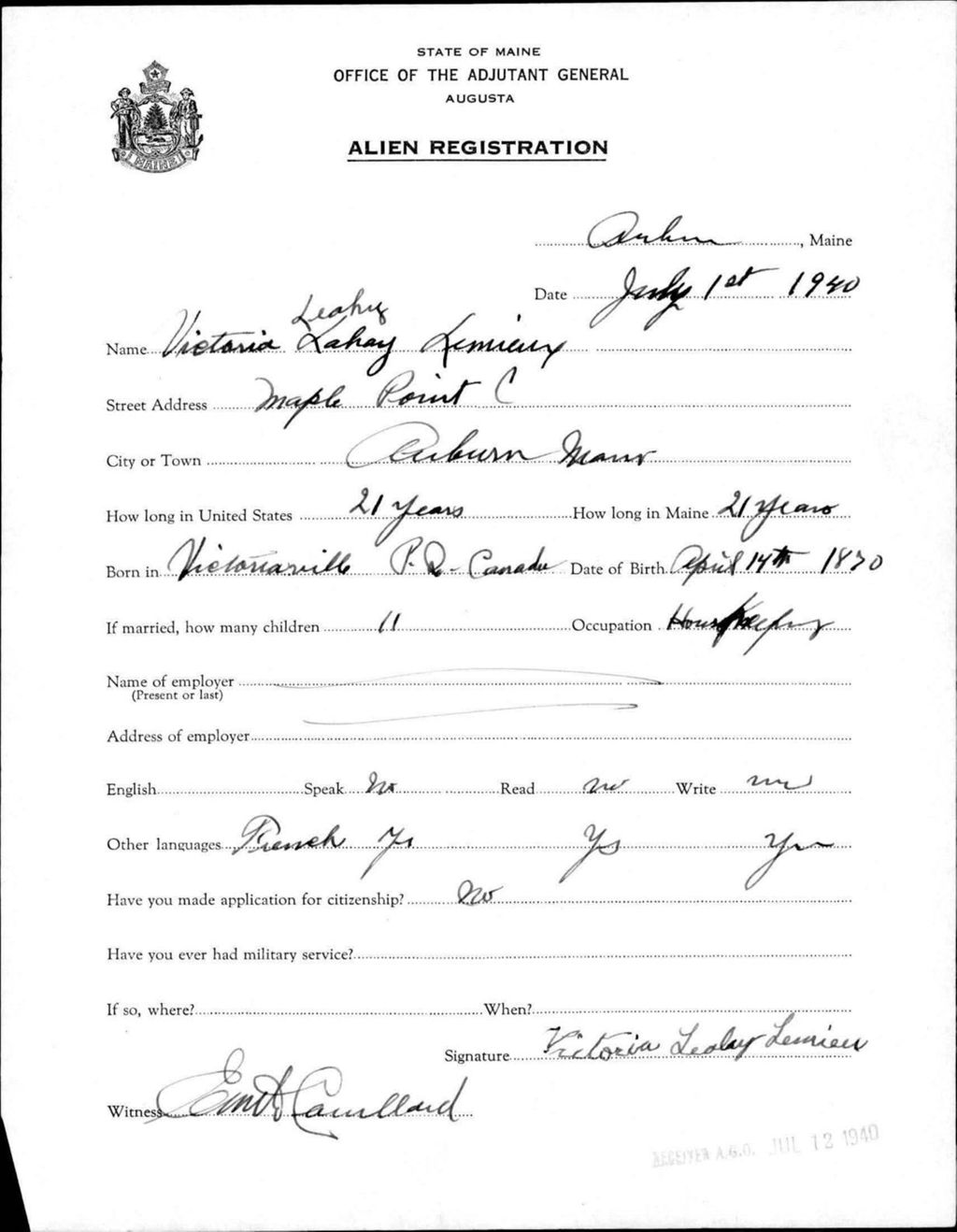 Alien Registration- Lahay (Leahy), Victoria (Auburn, Androscoggin County)