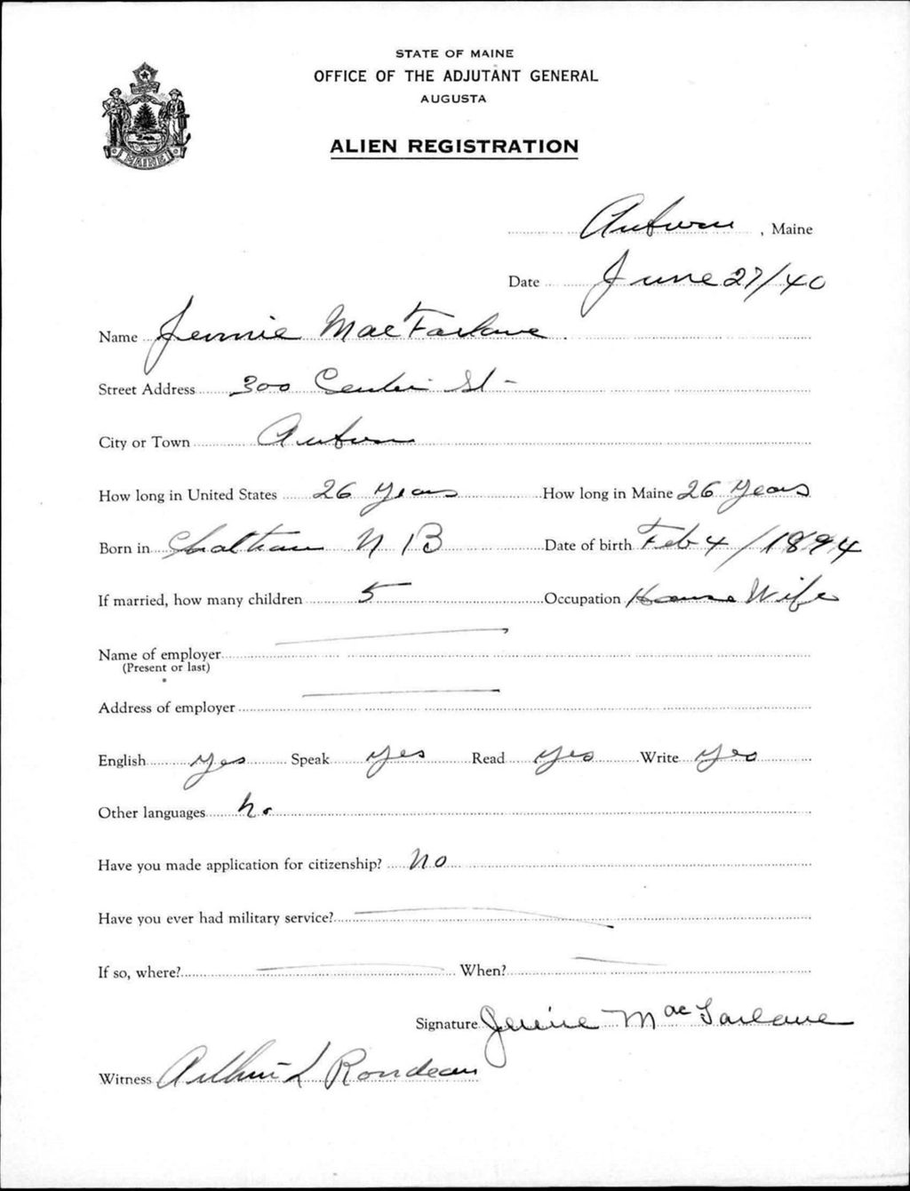 Alien Registration- Macfarlane, Jennie (Auburn, Androscoggin County)