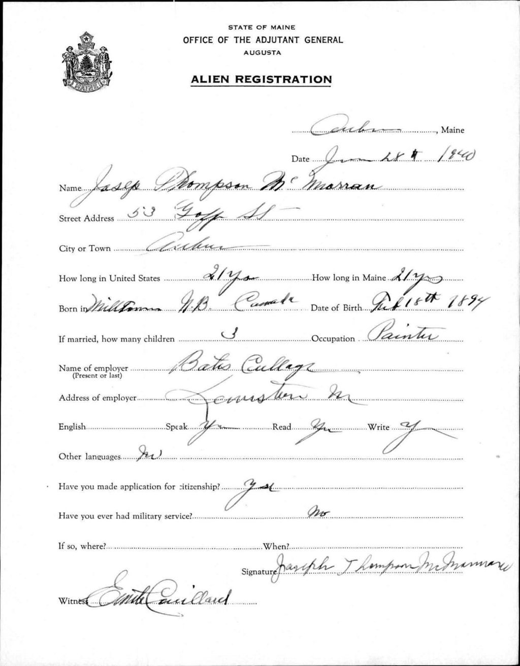 Alien Registration- Mcmarran, Joseph T. (Auburn, Androscoggin County)