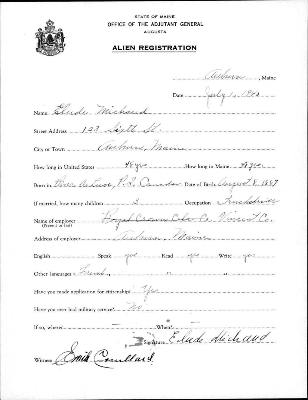 Alien Registration- Michaud, Elude (Auburn, Androscoggin County)