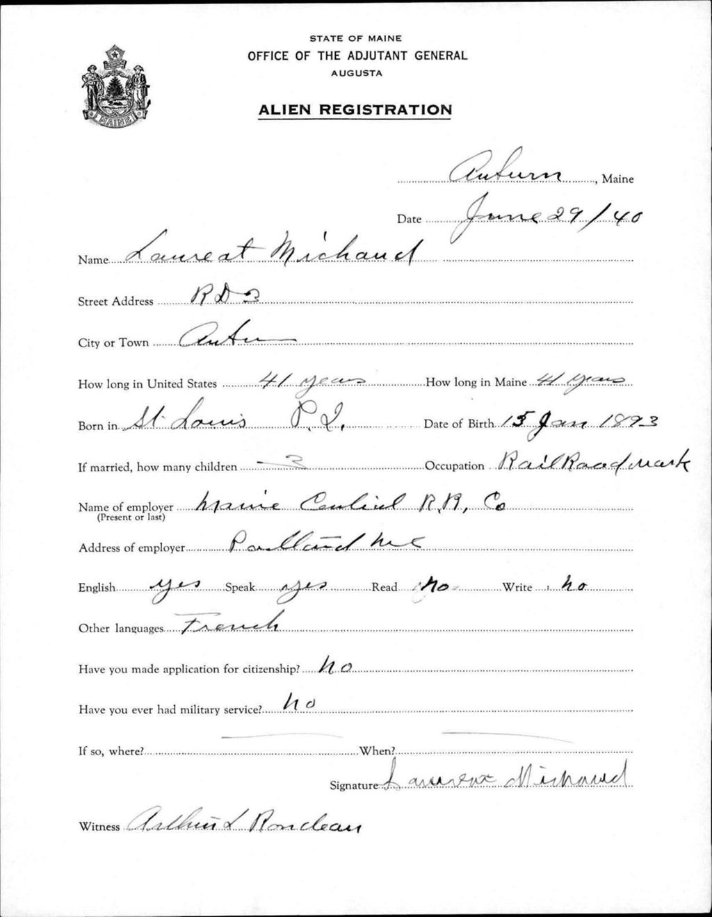 Alien Registration- Michaud, Laureat (Auburn, Androscoggin County)
