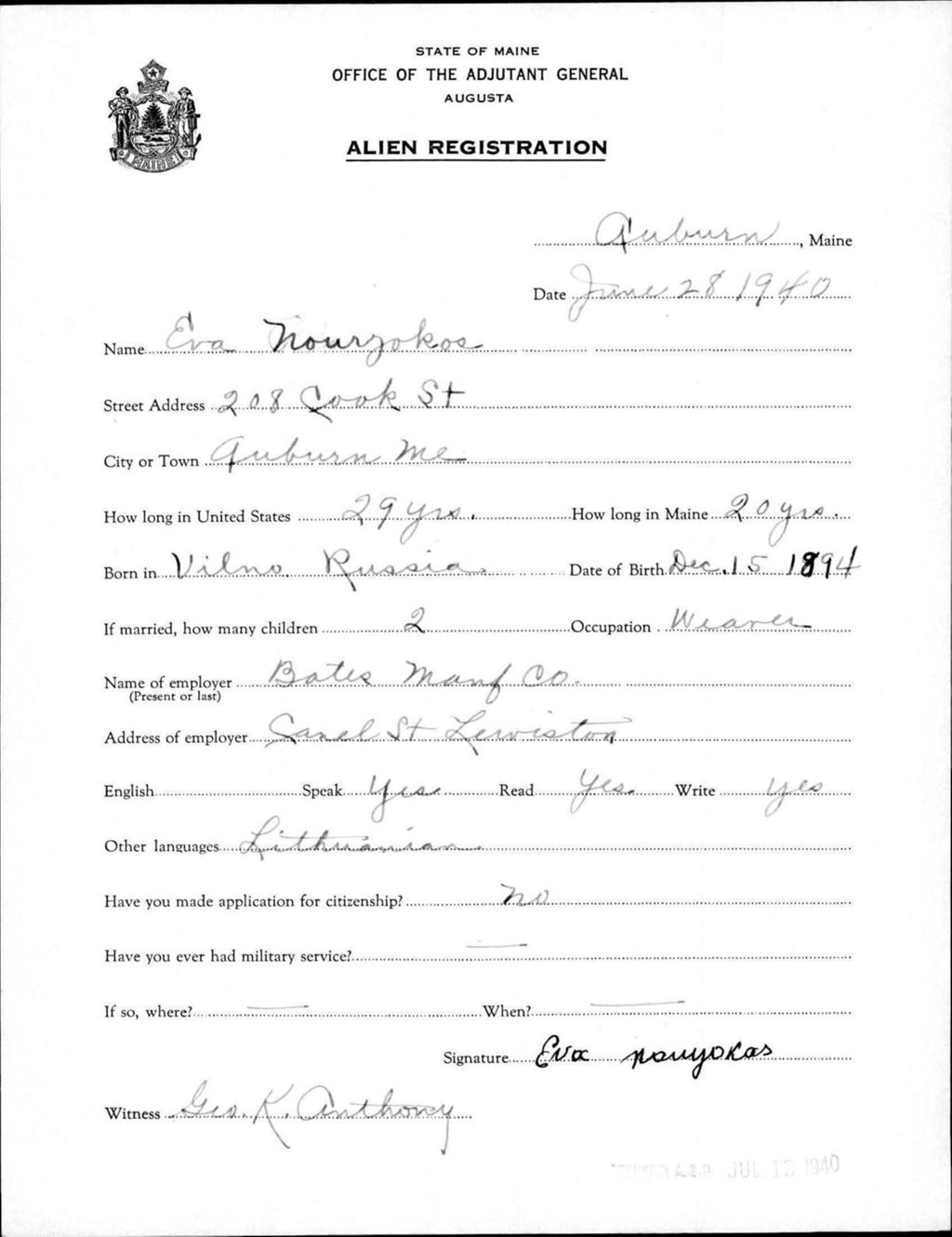 Alien Registration- Nourzokos, Eva (Auburn, Androscoggin County)