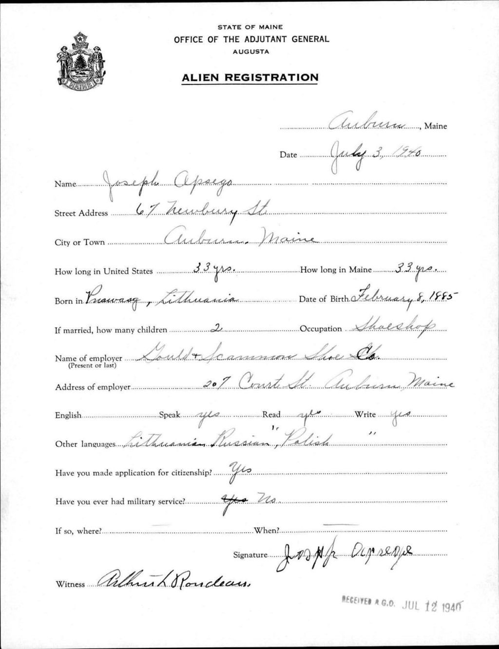 Alien Registration- Opsego, Joseph (Auburn, Androscoggin County)