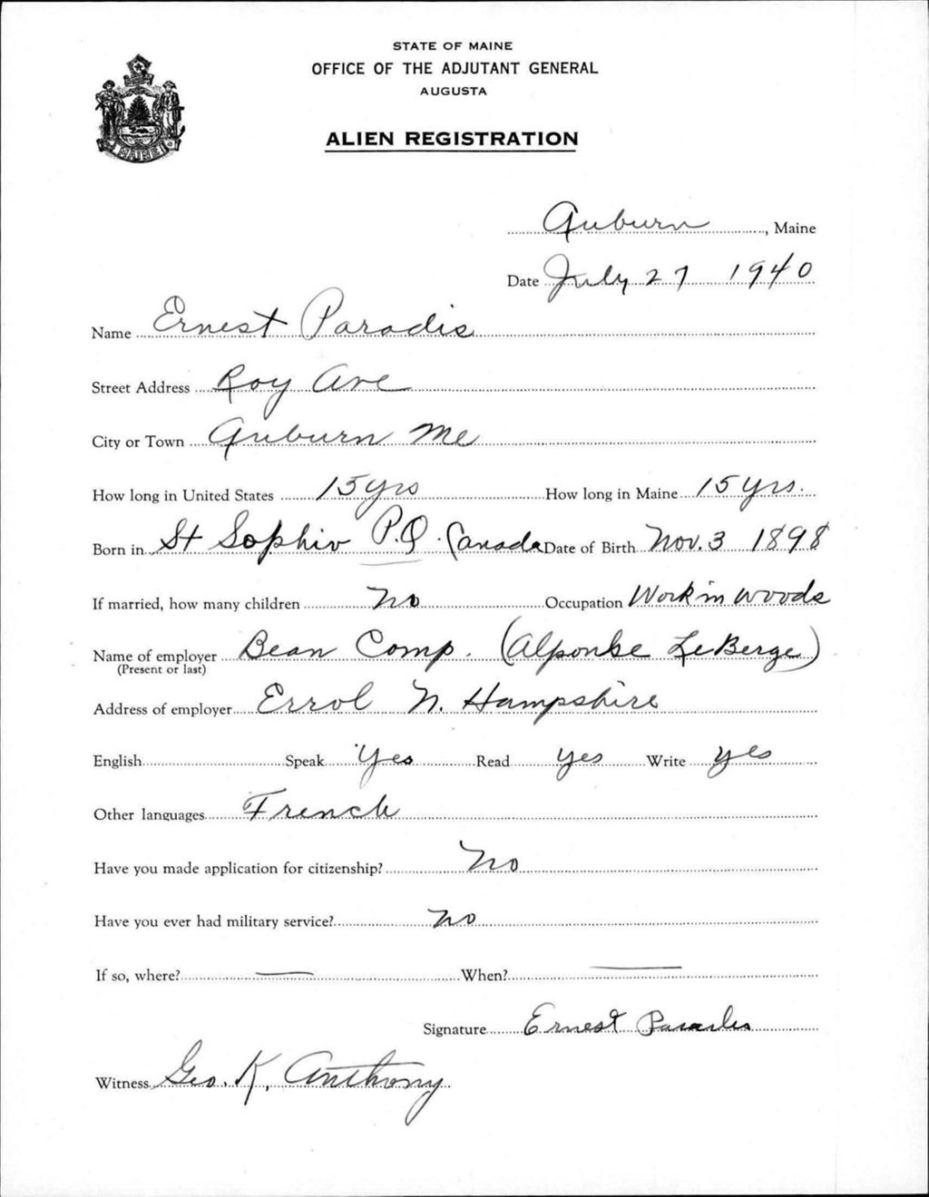 Alien Registration- Paradis, Ernest (Auburn, Androscoggin County)