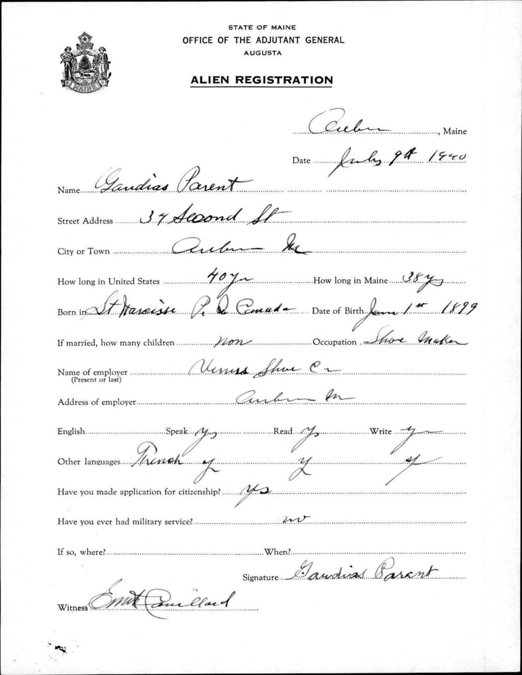 Alien Registration- Parent, Gaudias (Auburn, Androscoggin County)