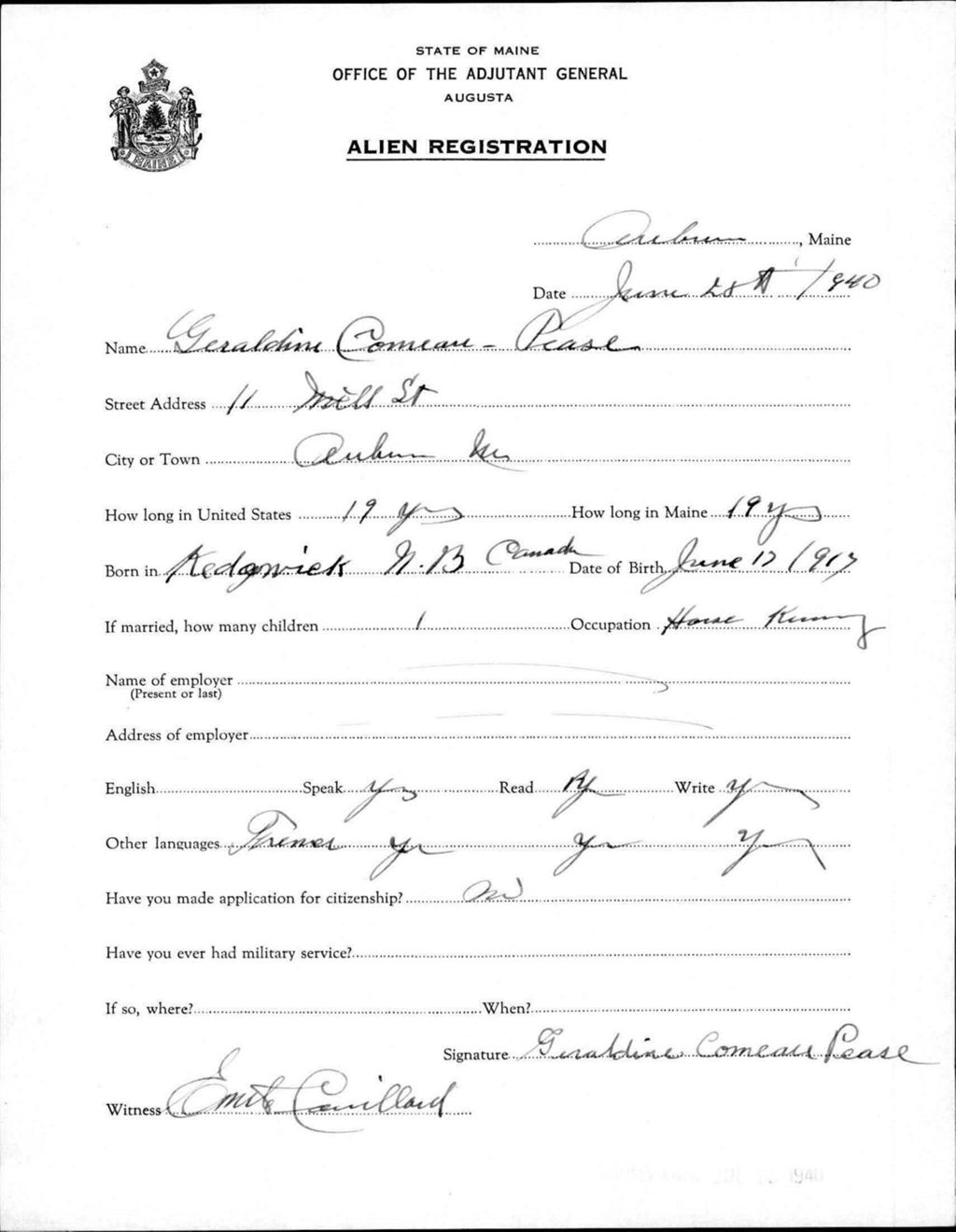 Alien Registration- Comeau, Geraldine (Auburn, Androscoggin County)
