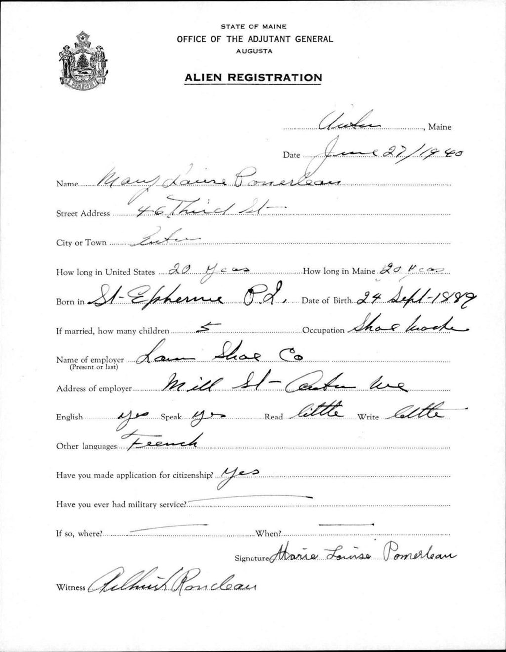 Alien Registration- Pomerleau, Mary L. (Auburn, Androscoggin County)
