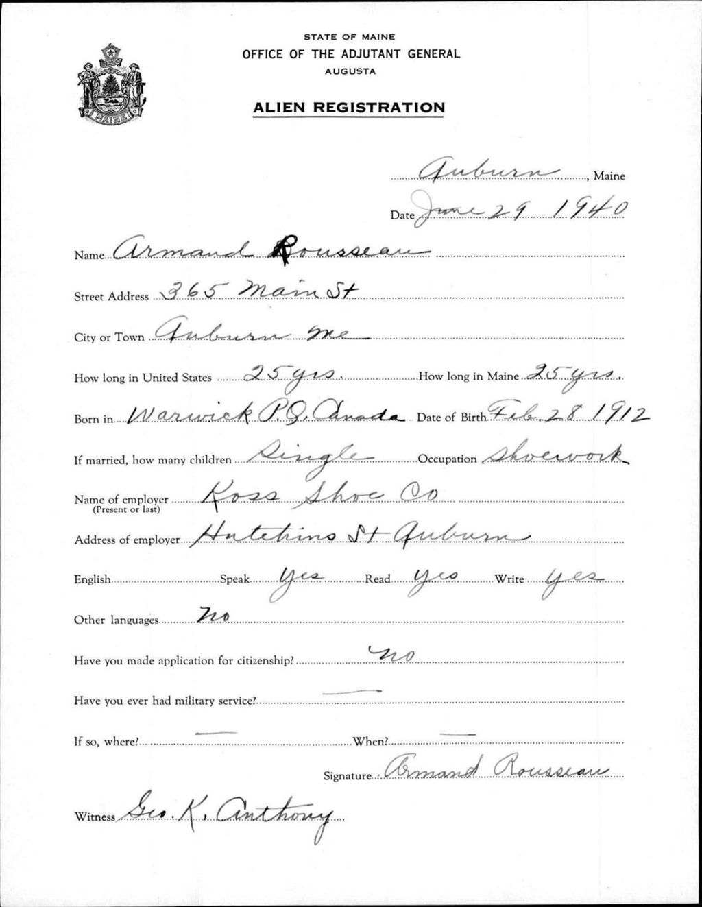 Alien Registration- Rousseau, Armand (Auburn, Androscoggin County)