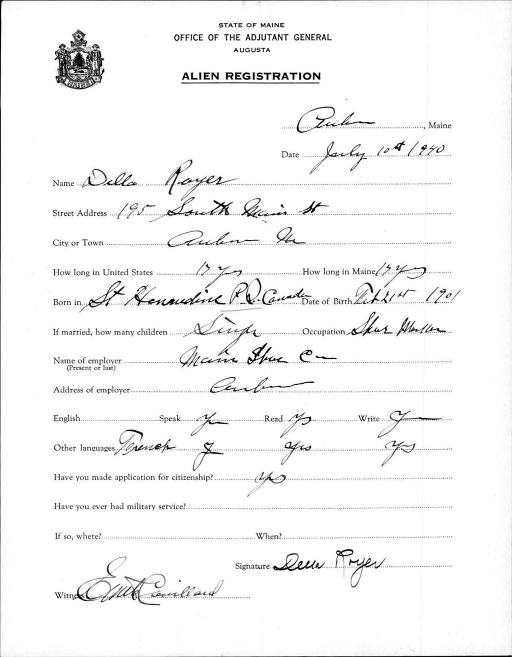 Alien Registration- Royer, Della (Auburn, Androscoggin County)