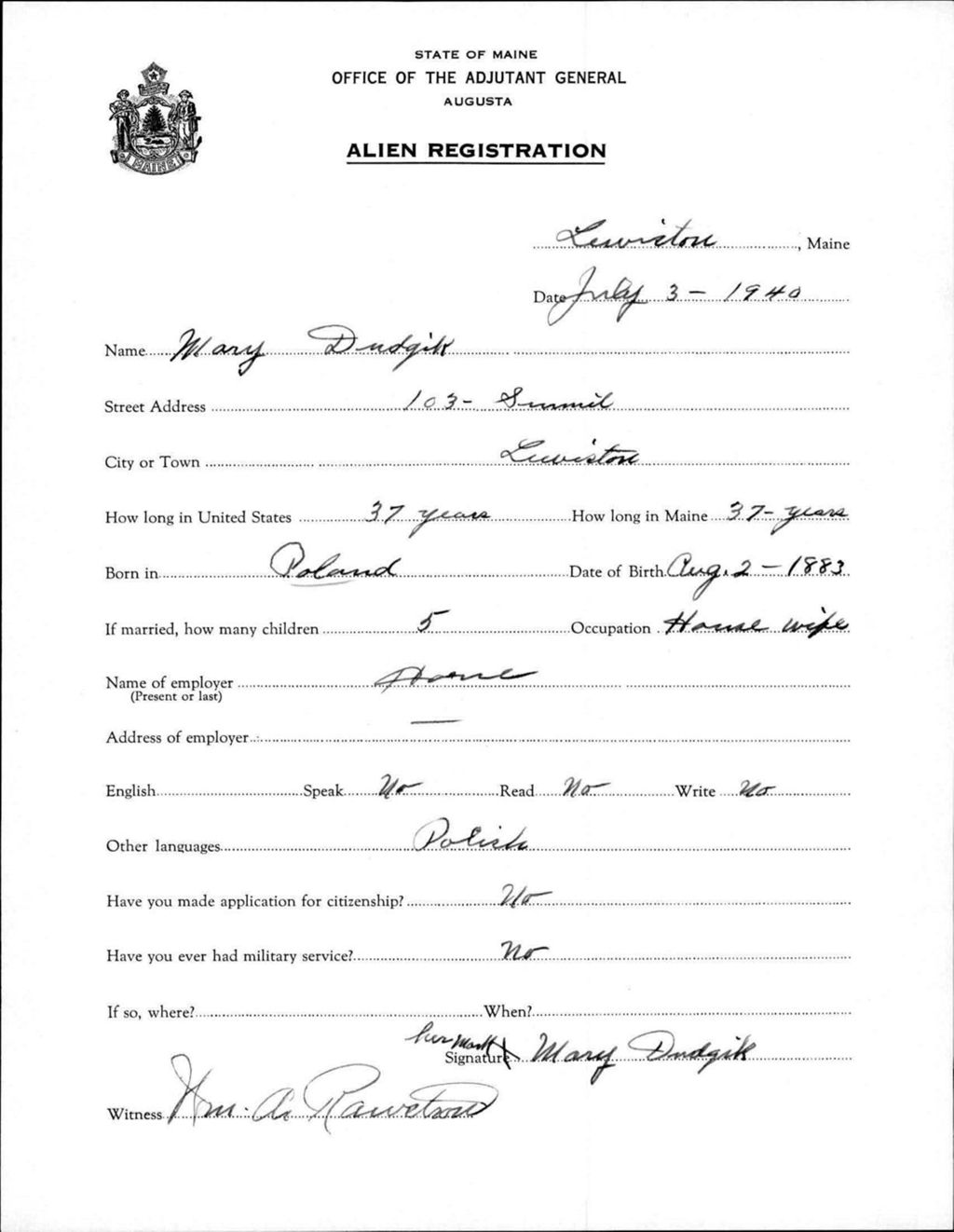 Alien Registration- Dudzik, Mary (Lewiston, Androscoggin County)