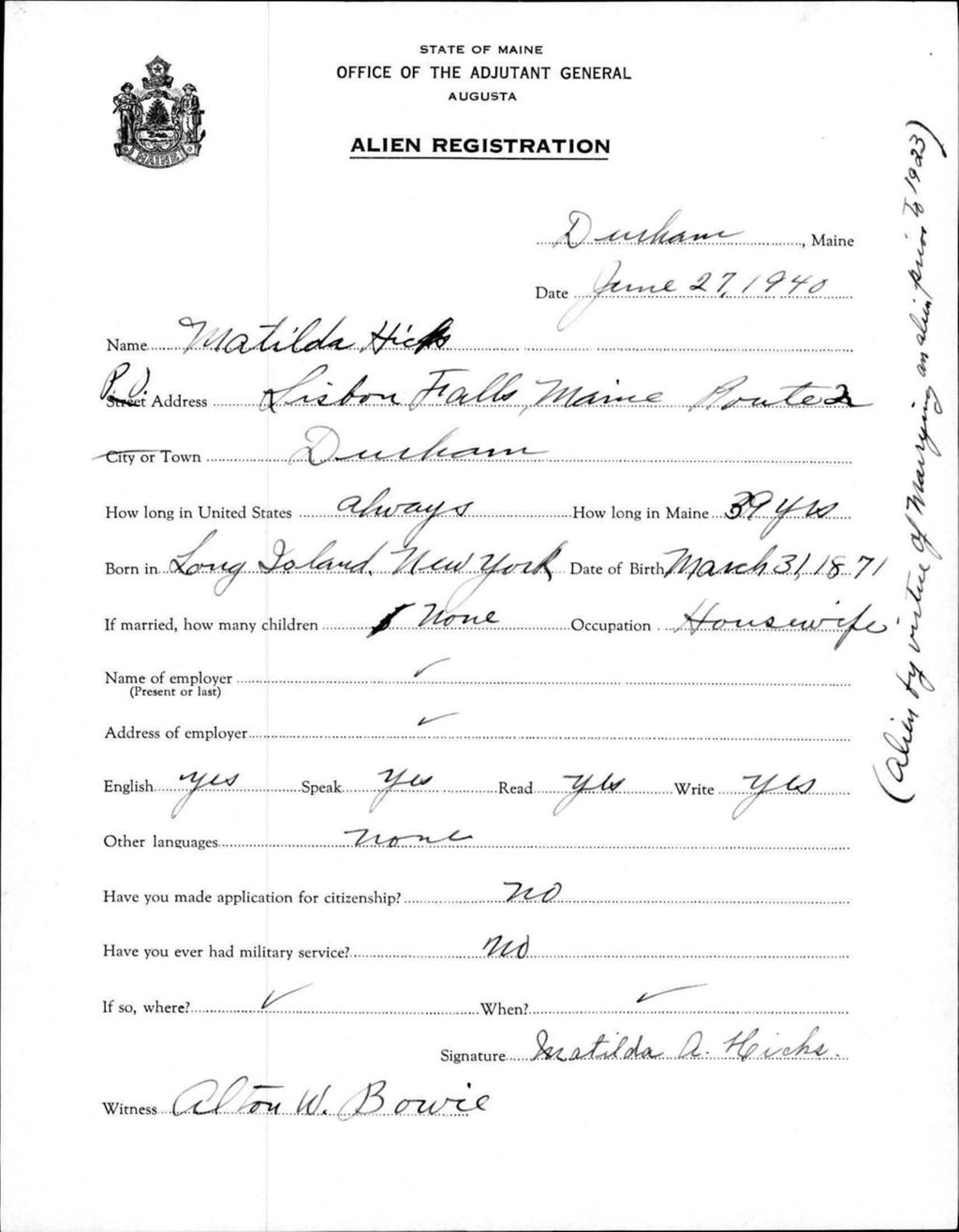Alien Registration- Hicks, Matilda (Durham, Androscoggin County)