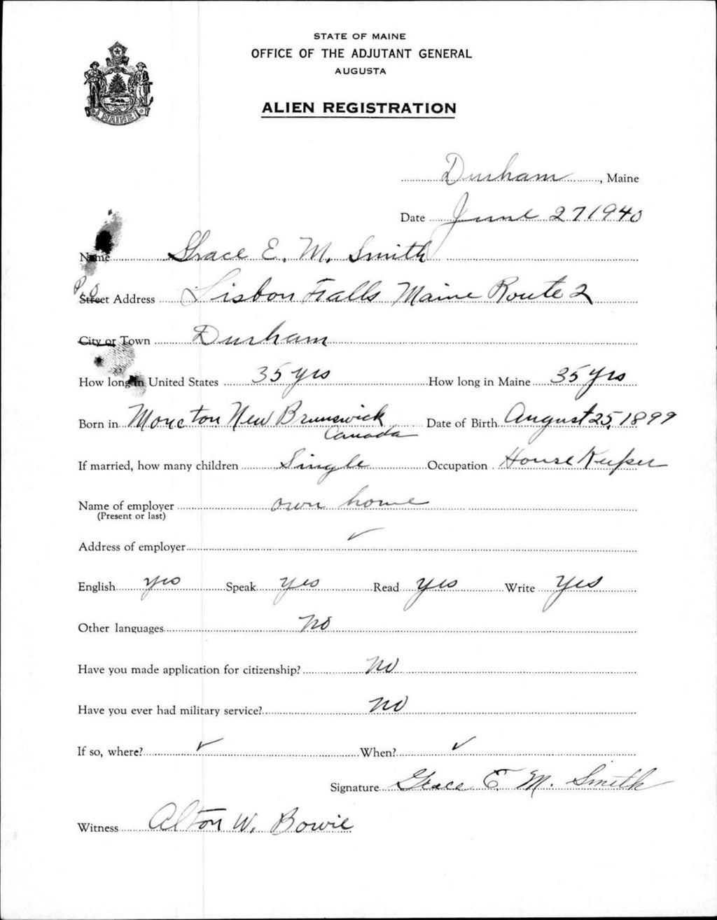 Alien Registration- Smith, Grace E M. (Durham, Androscoggin County)