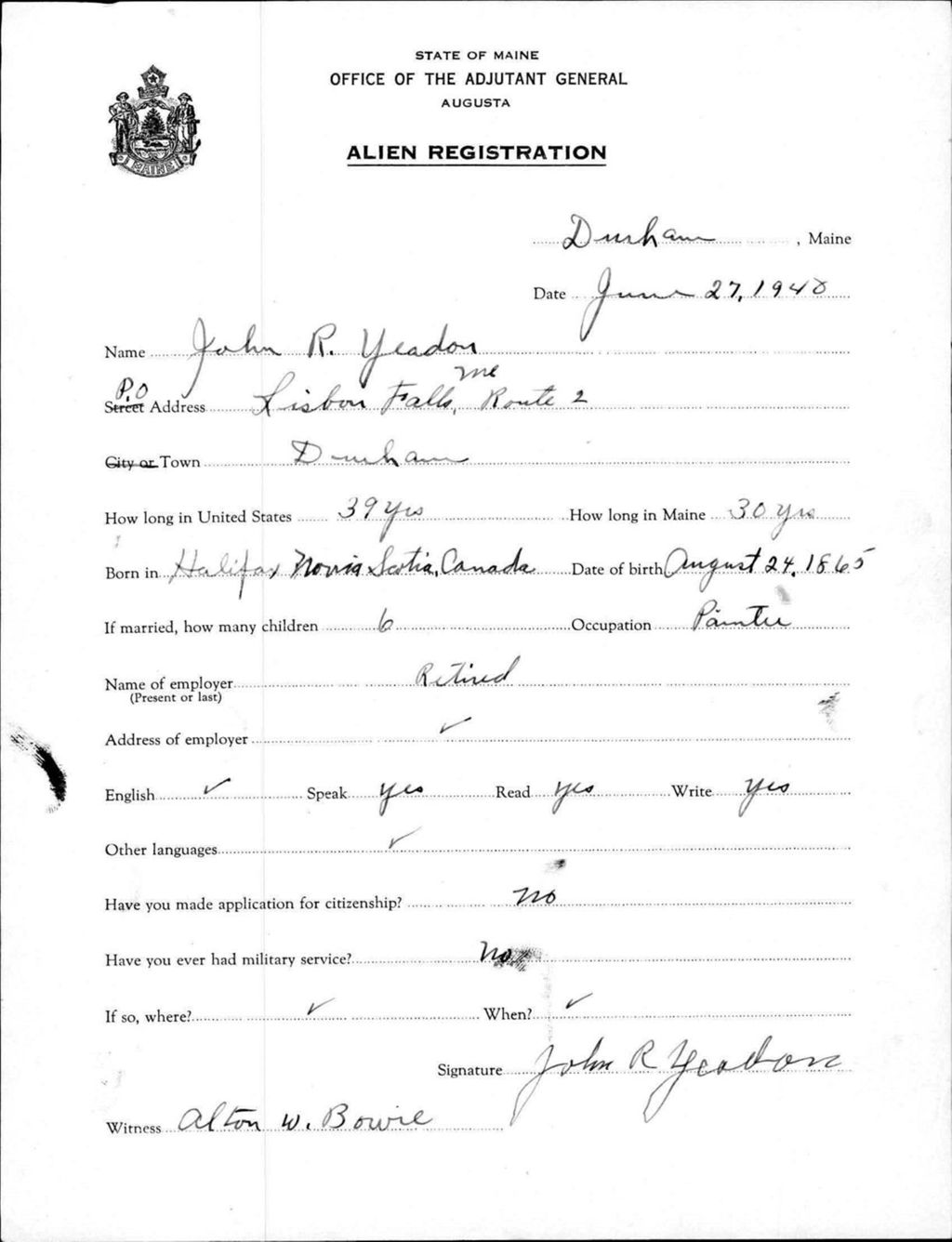 Alien Registration- Yeadon, John R. (Durham, Androscoggin County)