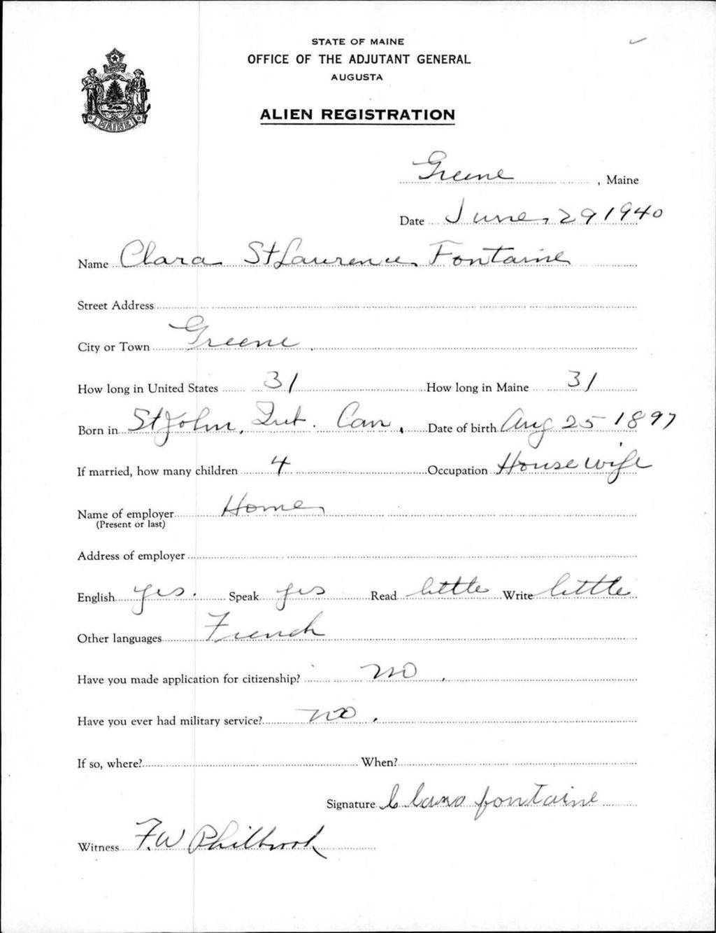 Alien Registration- St Laurence, Clara (Greene, Androscoggin County)