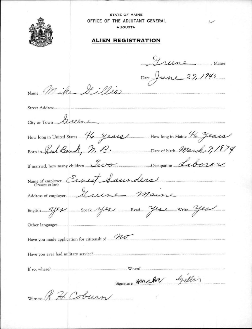 Alien Registration- Gillis, Mike (Greene, Androscoggin County)