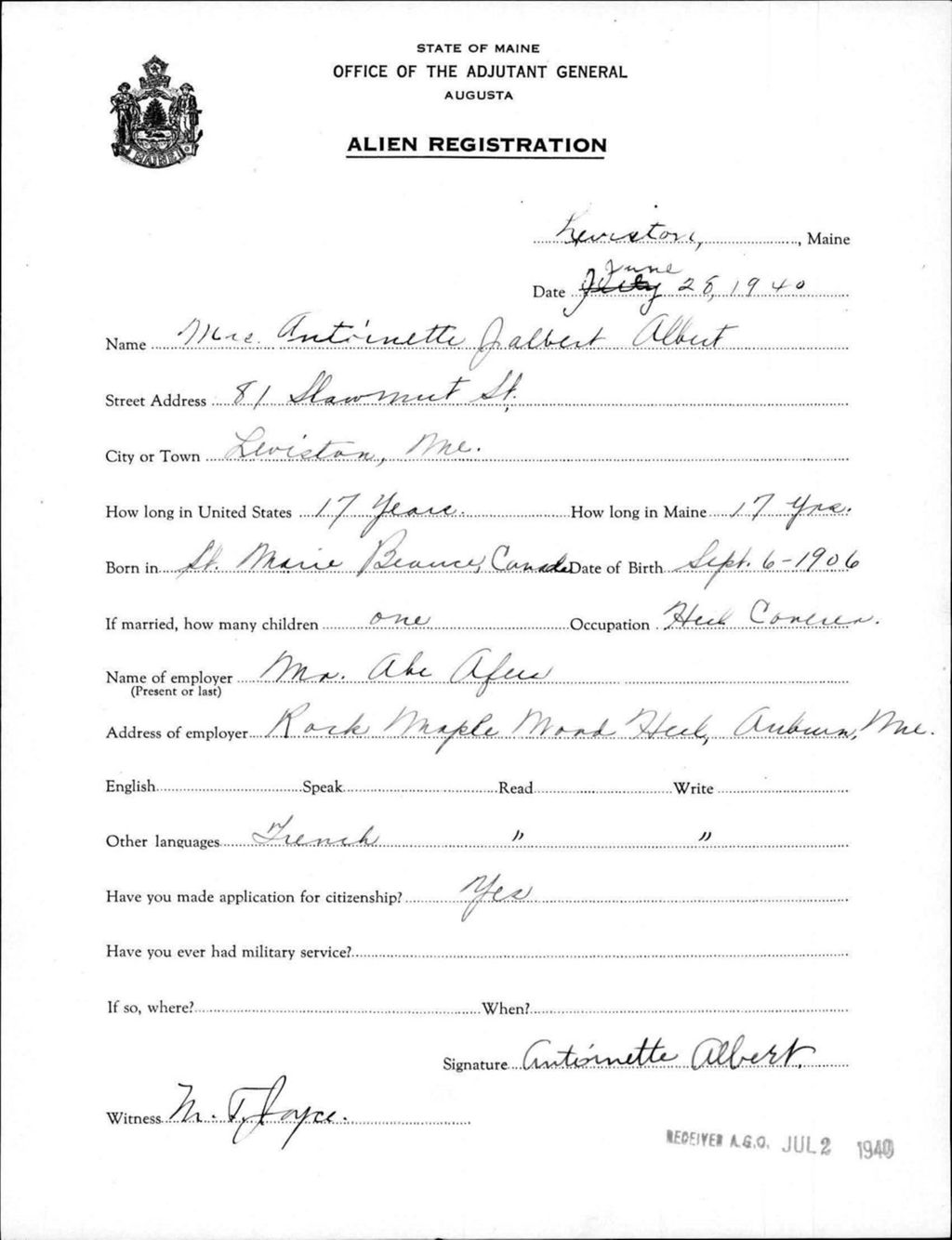 Alien Registration- Jalbert, Antoinette (Lewiston, Androscoggin County)