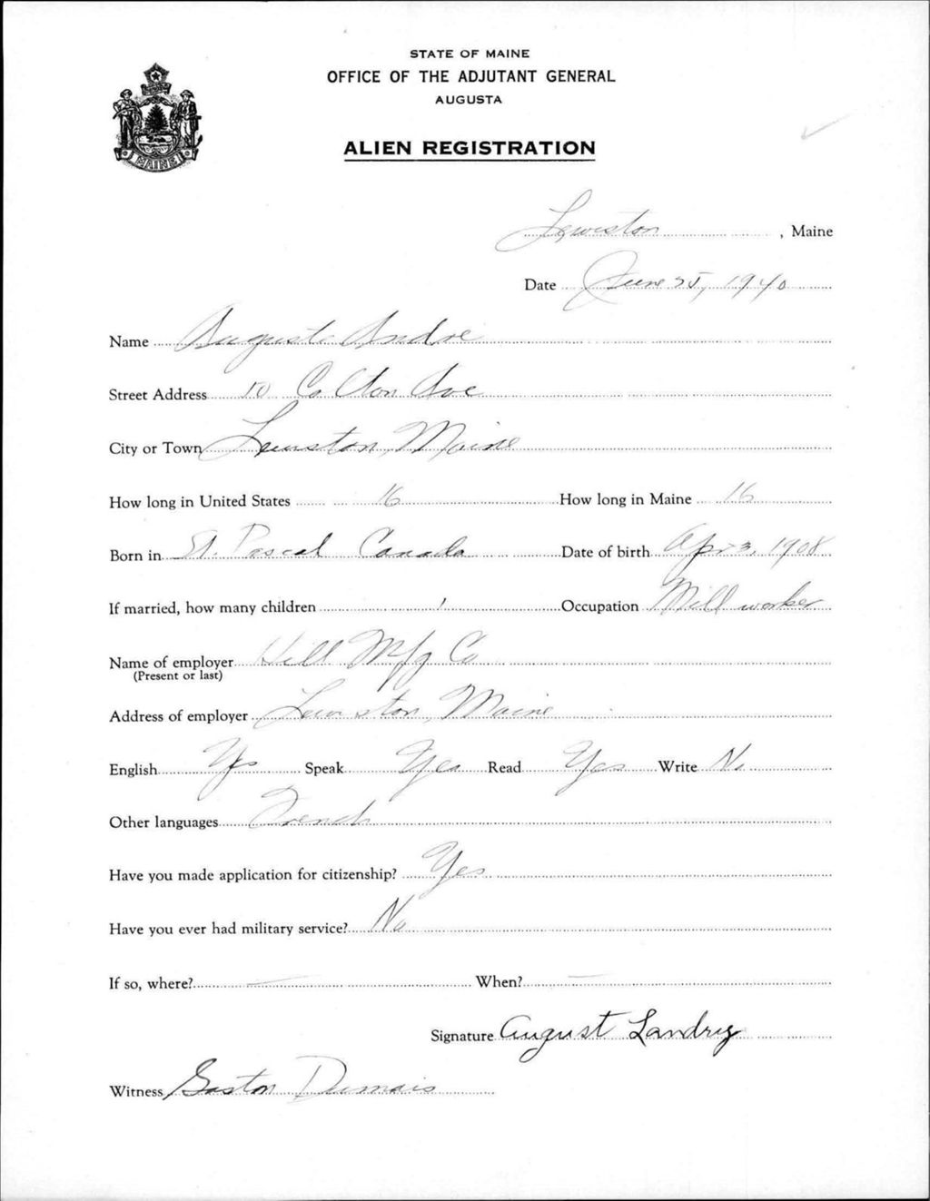 Alien Registration- Andre, August (Lewiston, Androscoggin County)