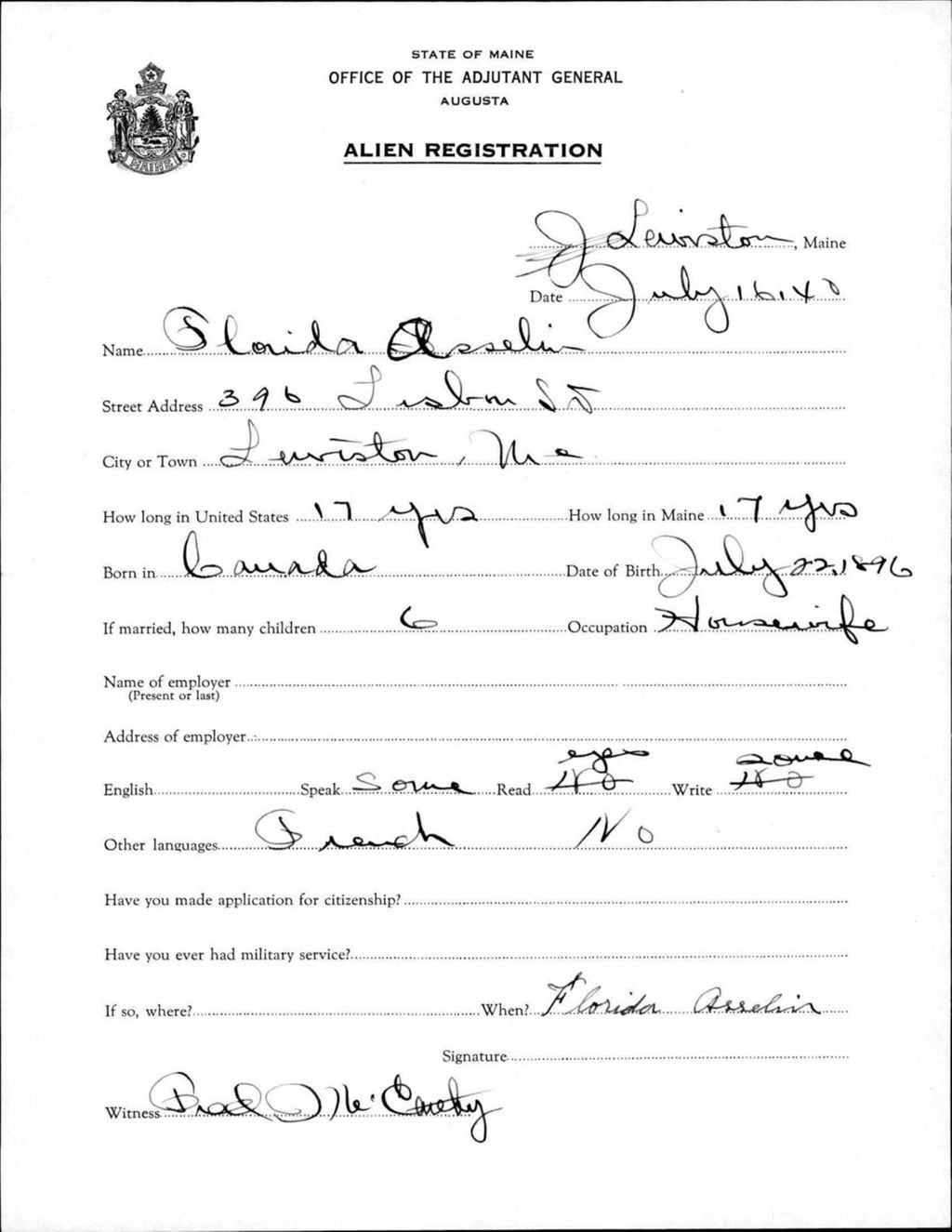 Alien Registration- Asselin, Florida (Lewiston, Androscoggin County)