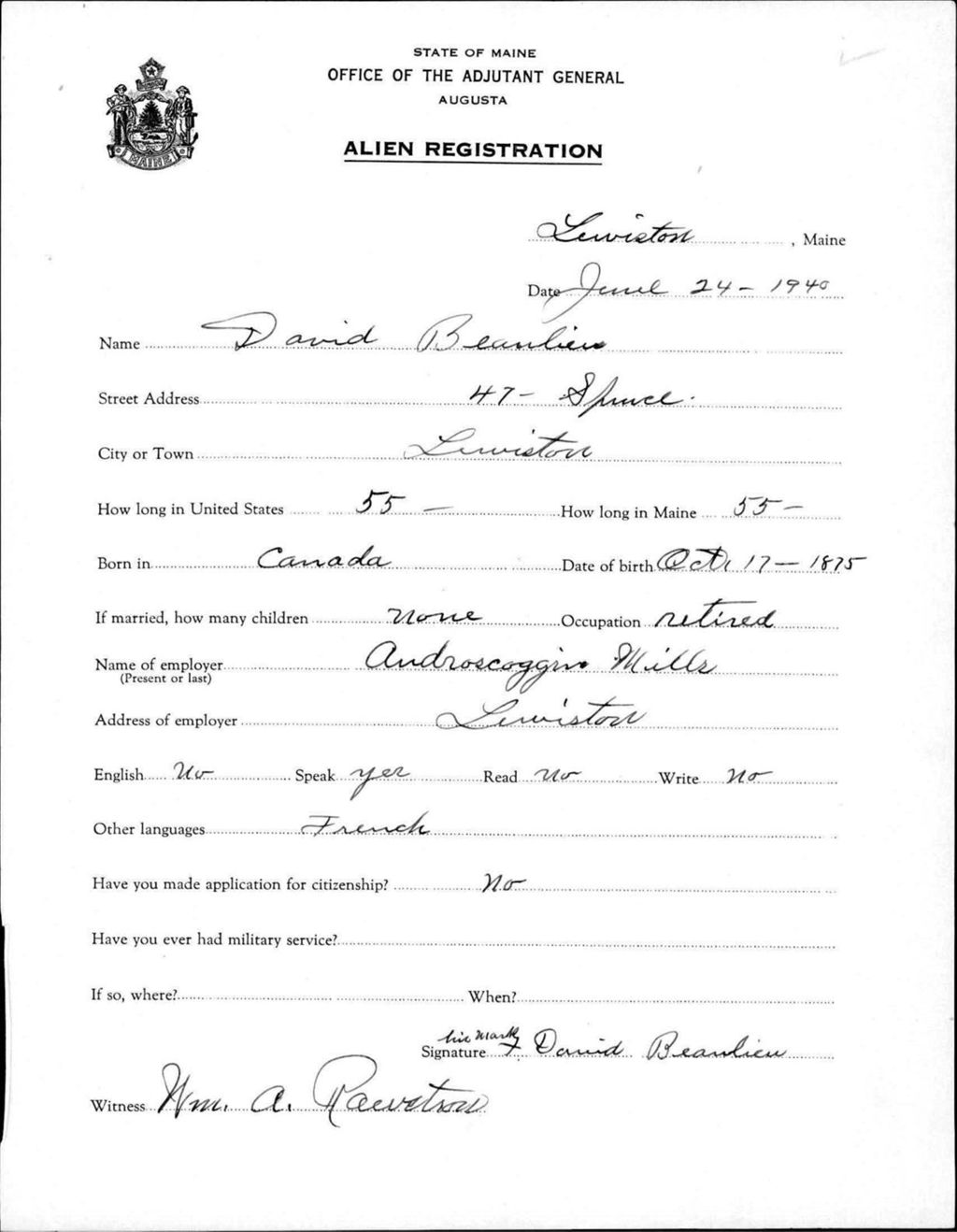 Alien Registration- Beaulieu, David (Lewiston, Androscoggin County)