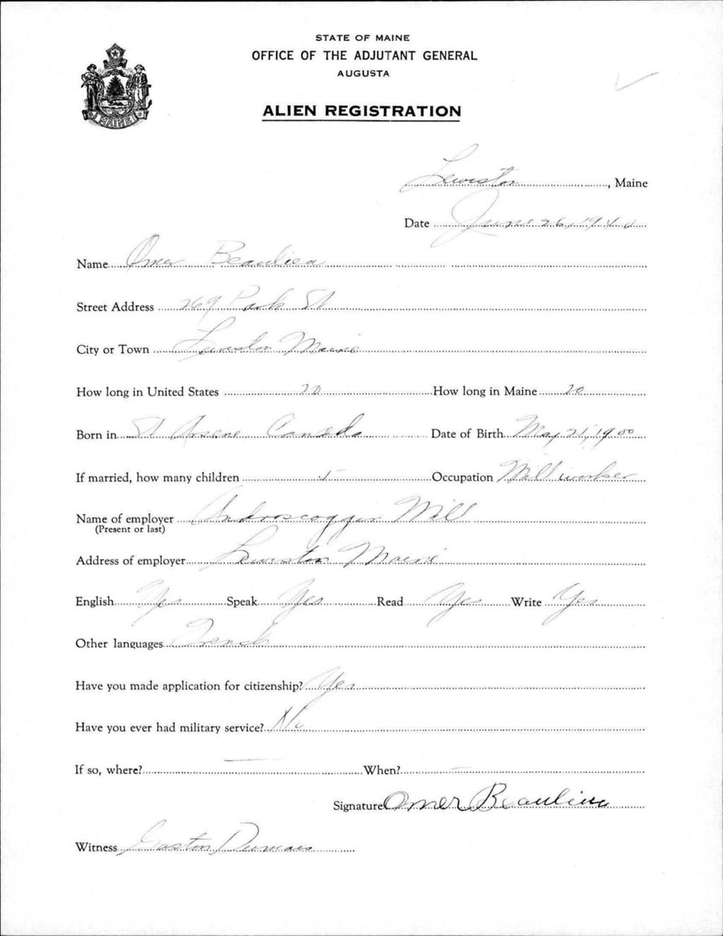 Alien Registration- Beaulieu, Omer (Lewiston, Androscoggin County)