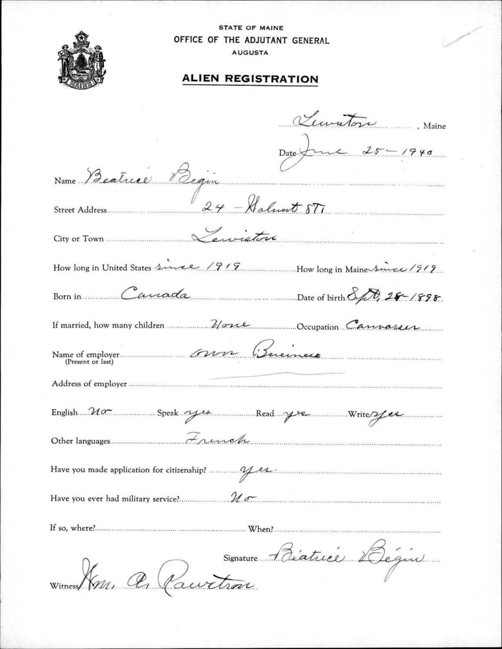 Alien Registration- Begin, Beatrice (Lewiston, Androscoggin County)