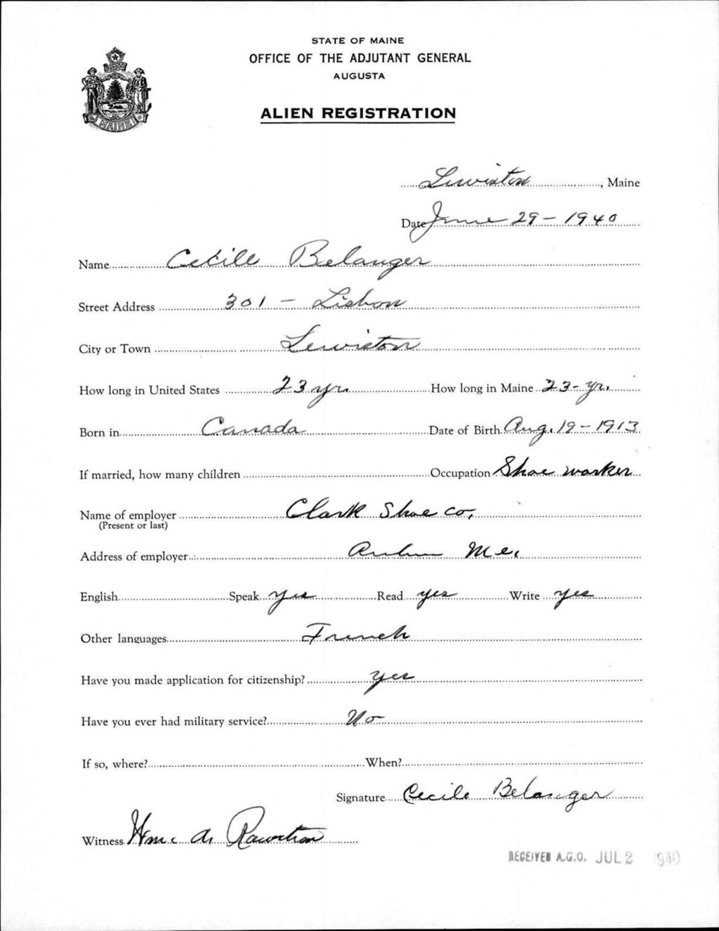 Alien Registration- Belanger, Cecile (Lewiston, Androscoggin County)