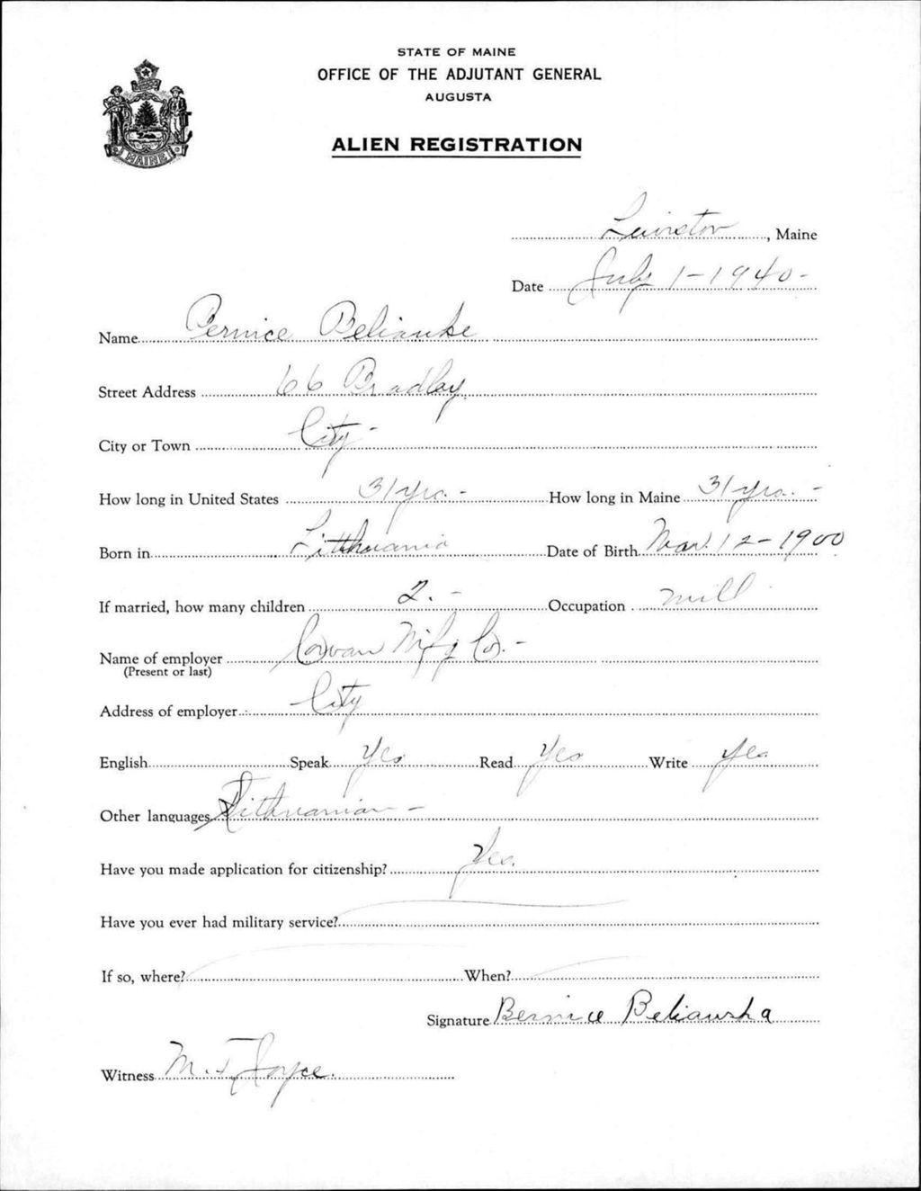 Alien Registration- Belianke, Bernice (Lewiston, Androscoggin County)