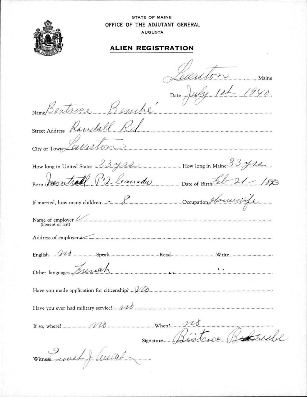 Alien Registration- Benche, Beatrice (Lewiston, Androscoggin County)