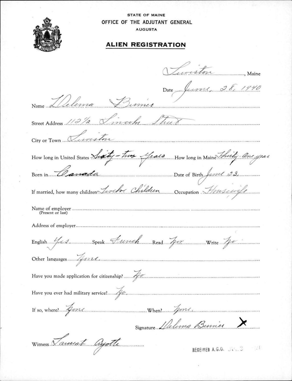 Alien Registration- Bernier, Delema (Lewiston, Androscoggin County)
