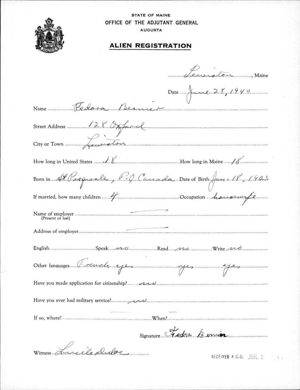 Alien Registration- Bernier, Fedora (Lewiston, Androscoggin County)