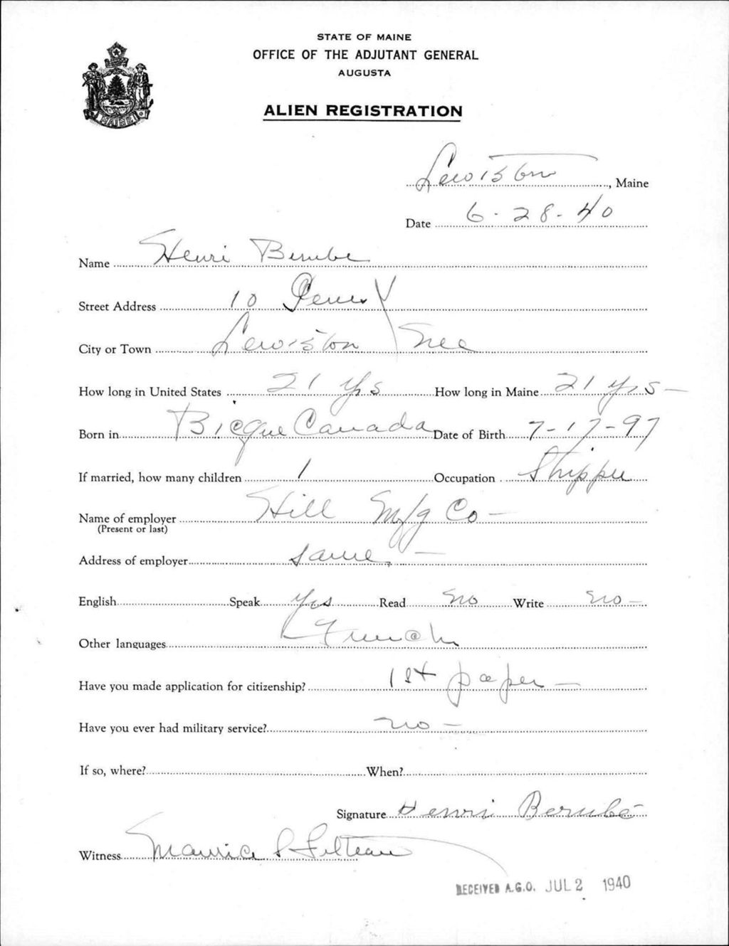 Alien Registration- Berube, Henri (Lewiston, Androscoggin County)